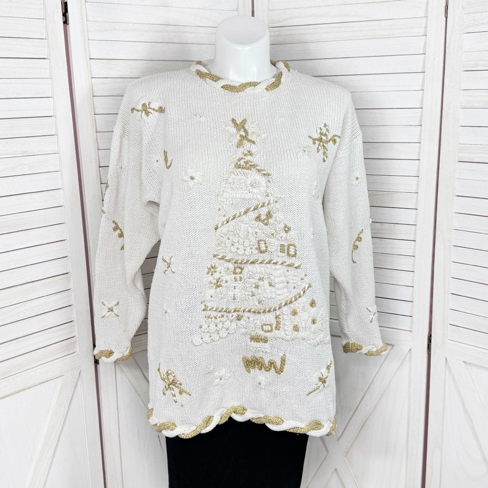 Vintage 90s JK Designs Christmas Tree Chunky Oversized Sweater White Gold 18‎